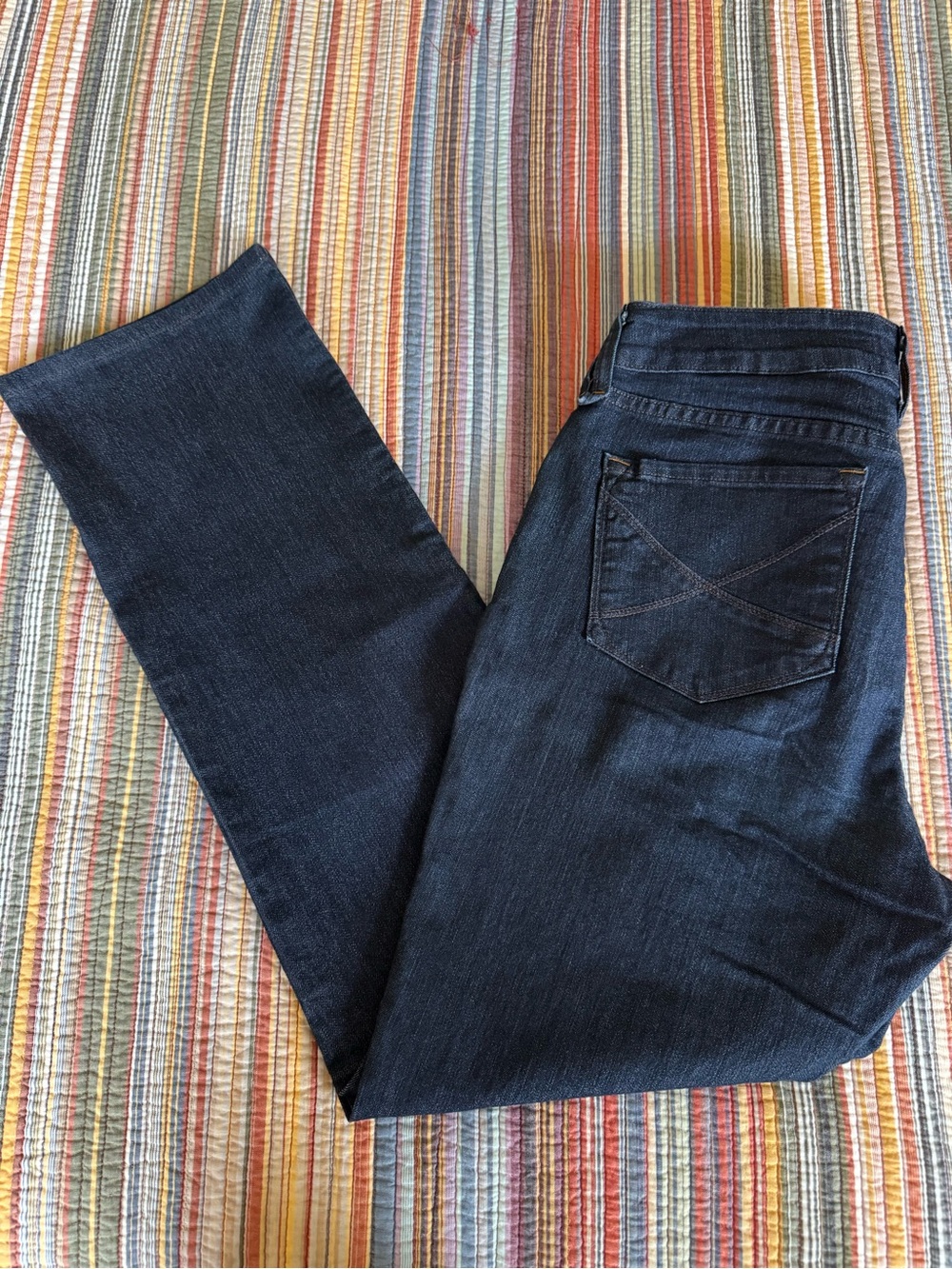 NYDJ Size 12 Marilyn straight leg stretch jeans dark blue stitching detail 10063